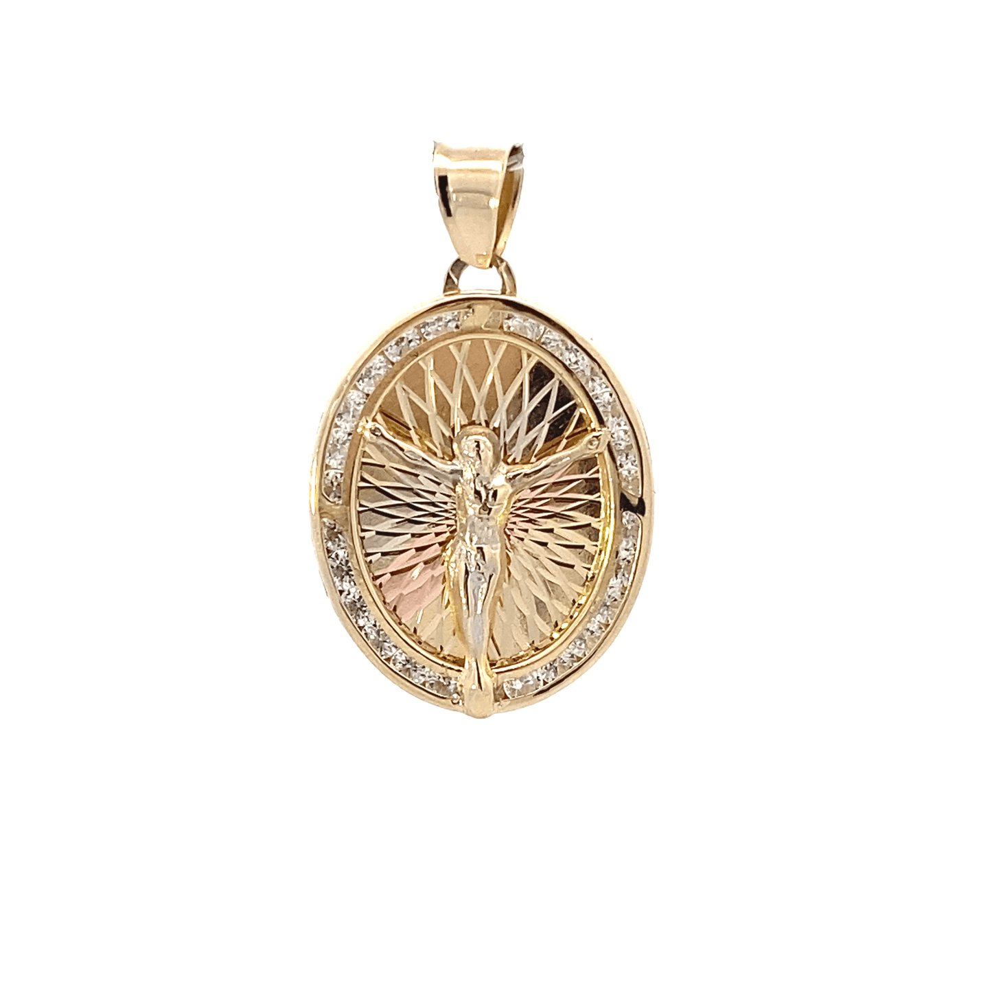 14K Tri-Color Gold CZ Oval Religious Pendant
