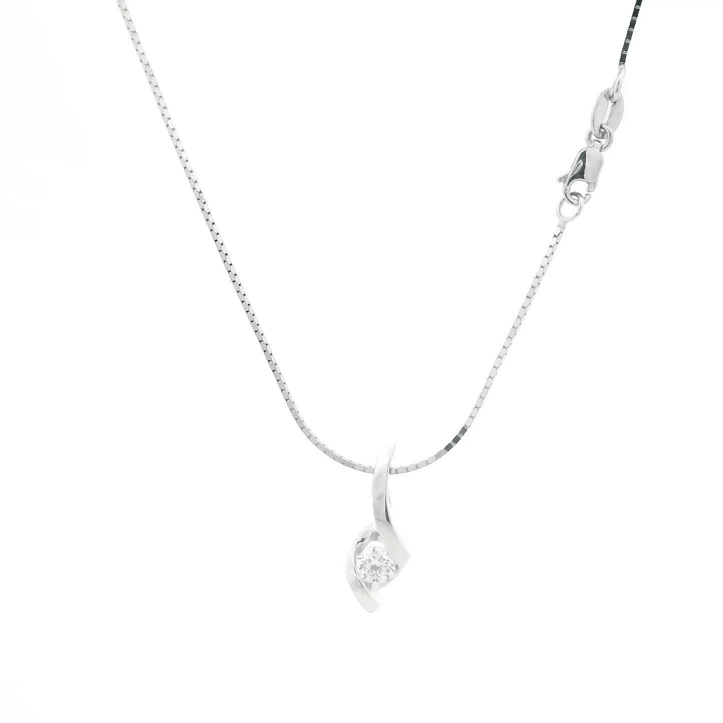 14K White Gold Box Chain & Diamond Pendant Set - 0.20ct