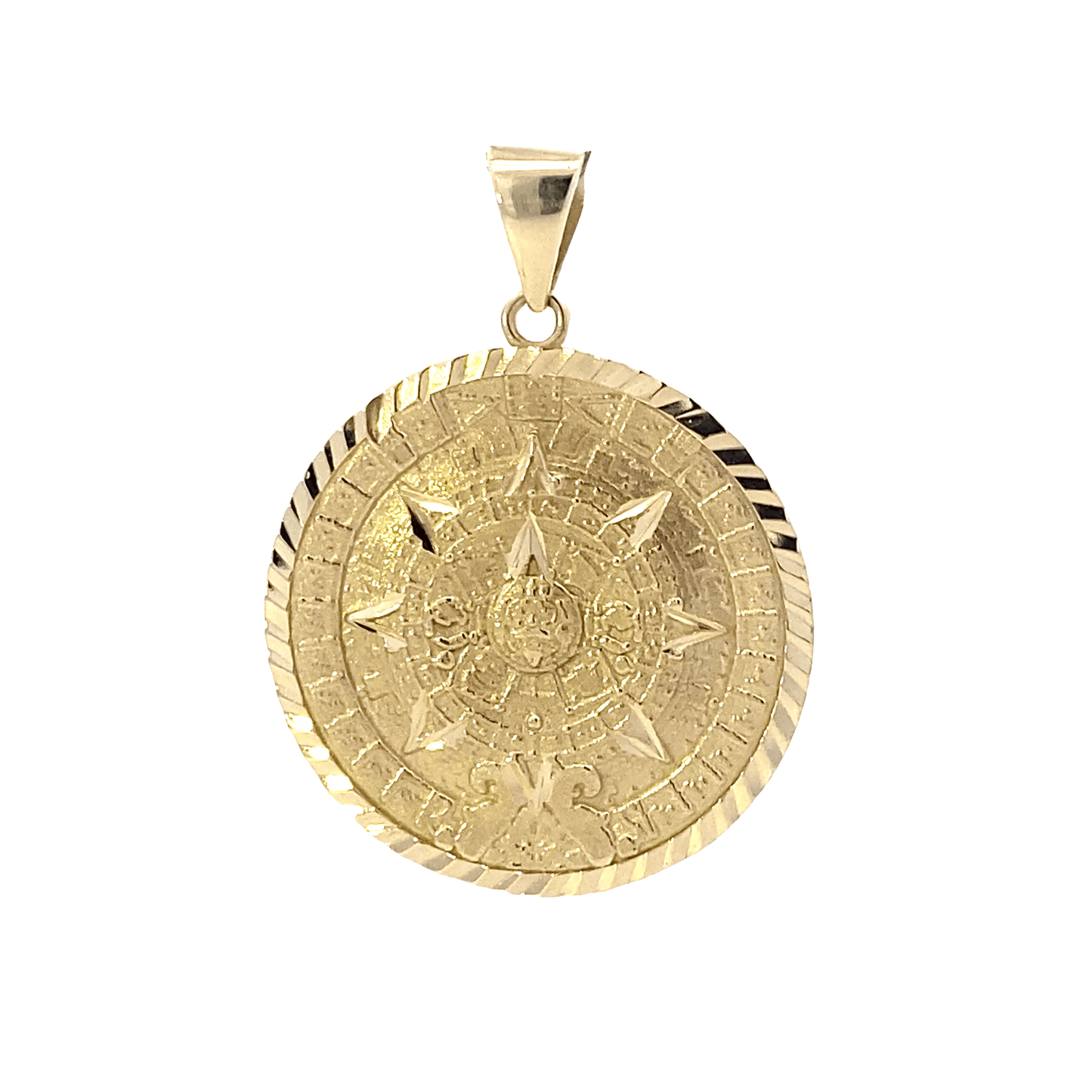 14K Yellow Gold Aztec Mayan Sun Calendar Pendant