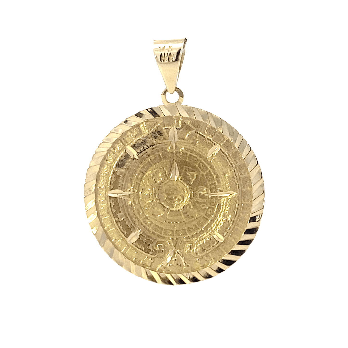 14K Yellow Gold Aztec Mayan Sun Calendar Pendant