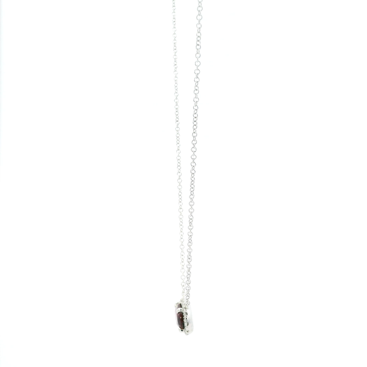 14K White Gold Oval Garnet & Diamond Pendant & 15.5" Cable Chain - 0.14ct