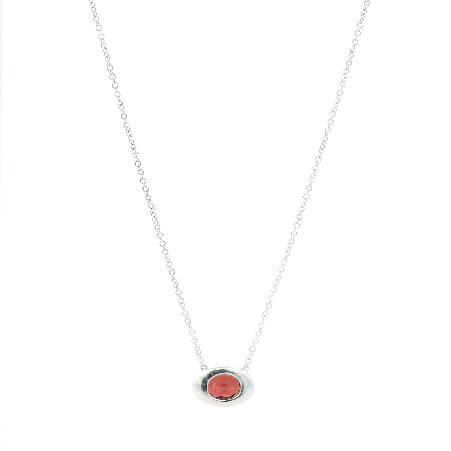 14K White Gold Oval Garnet & Diamond Pendant & 15.5" Cable Chain - 0.14ct