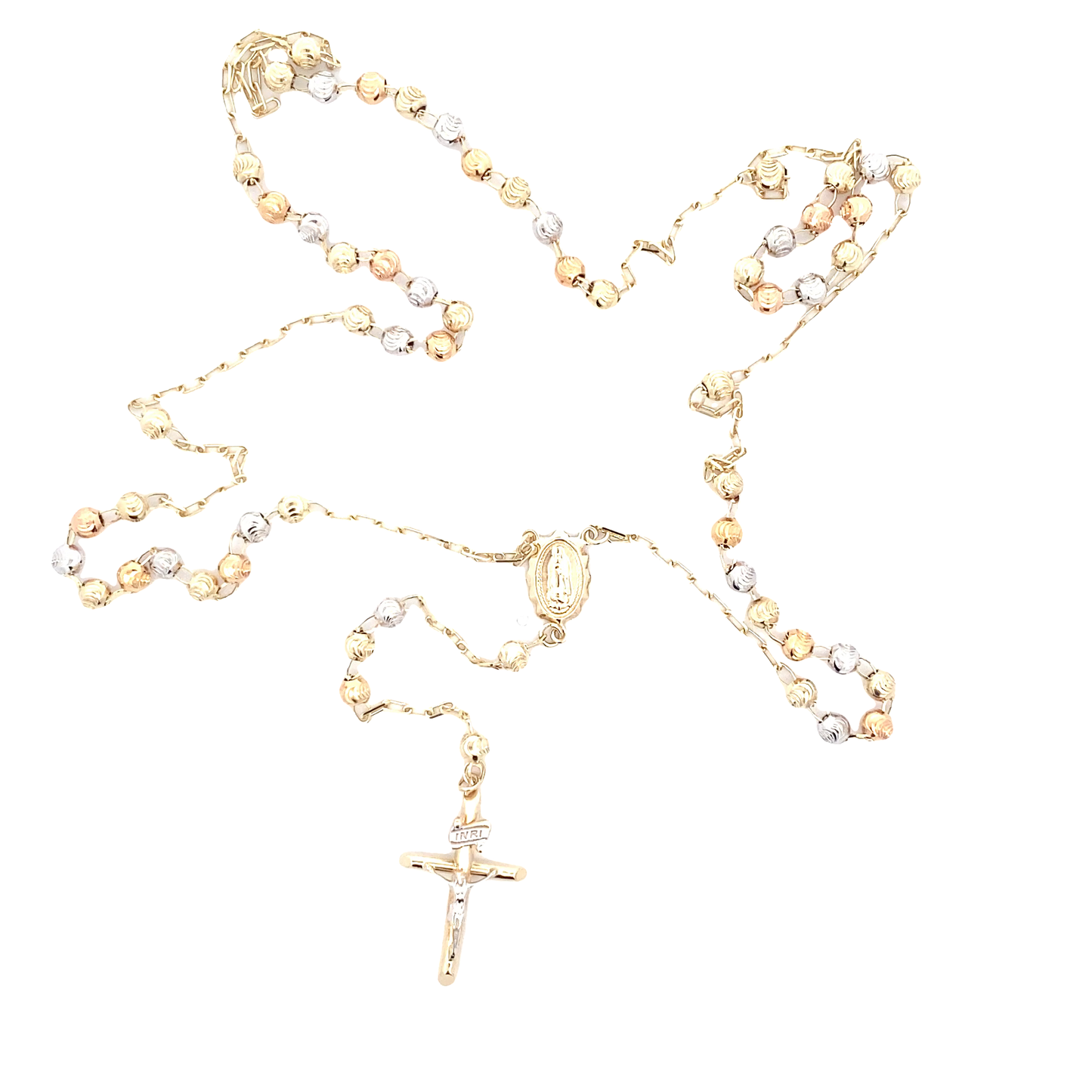 14K Tri Color Diamond Cut Beaded Rosary
