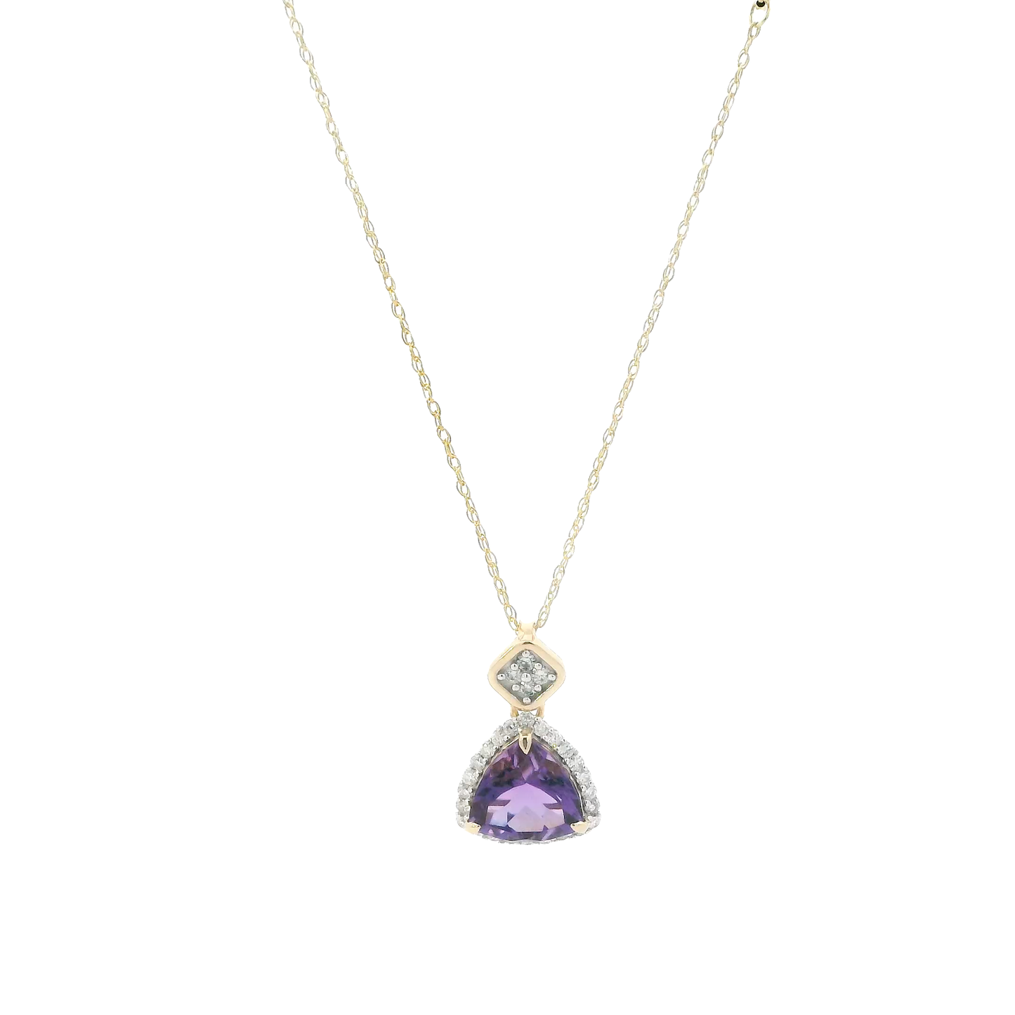 14K Yellow Gold Tril Amethyst Diamond Pendant & 18" Rope Chain