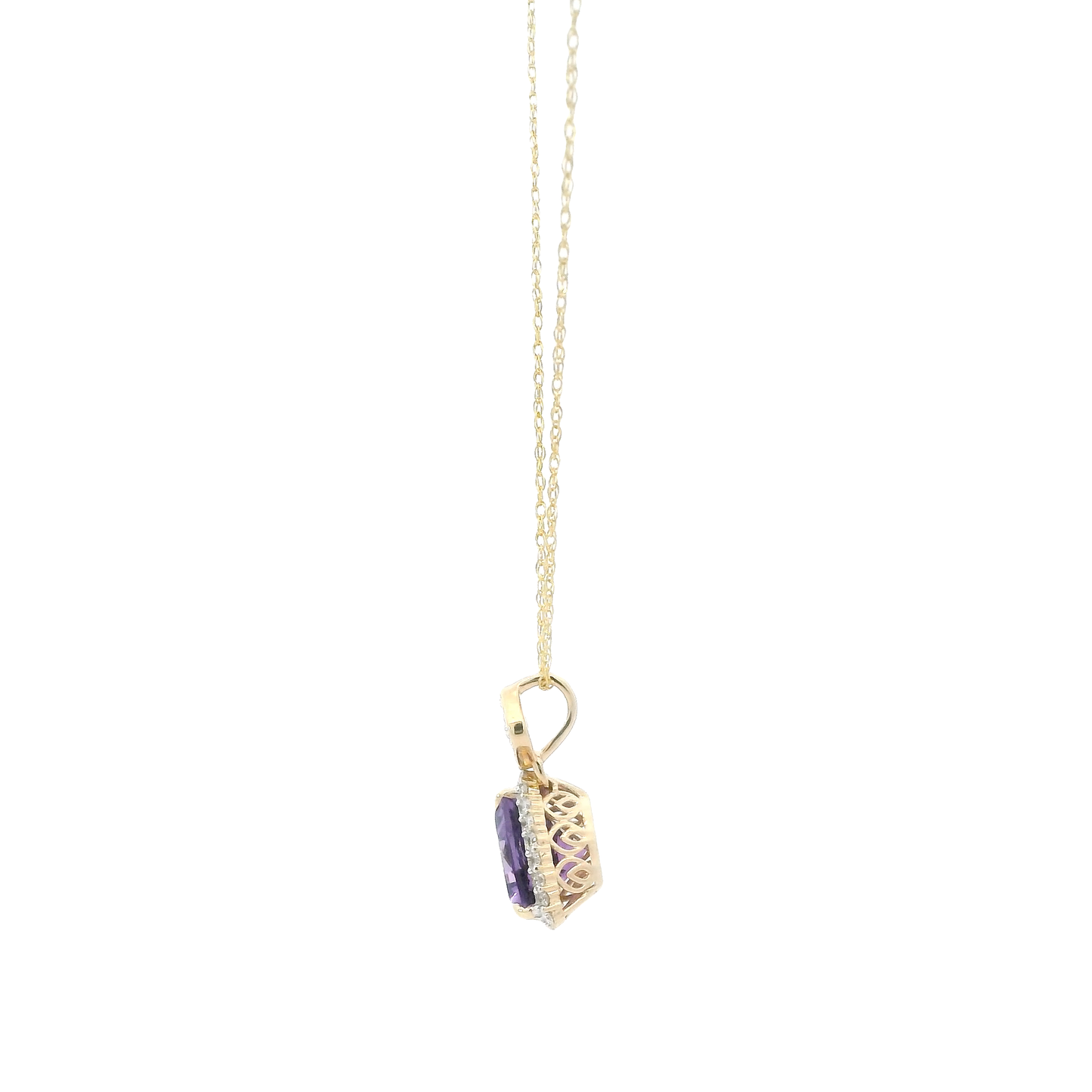 14K Yellow Gold Tril Amethyst Diamond Pendant & 18" Rope Chain