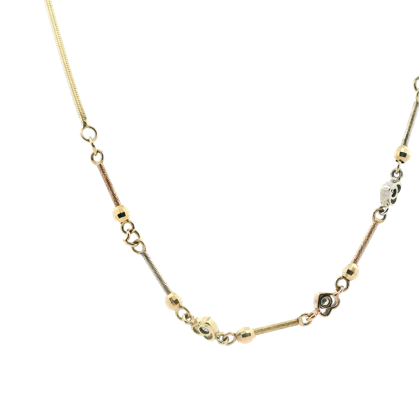 14K Tri Color Gold Hearts & Beads & Bars Designs Necklace