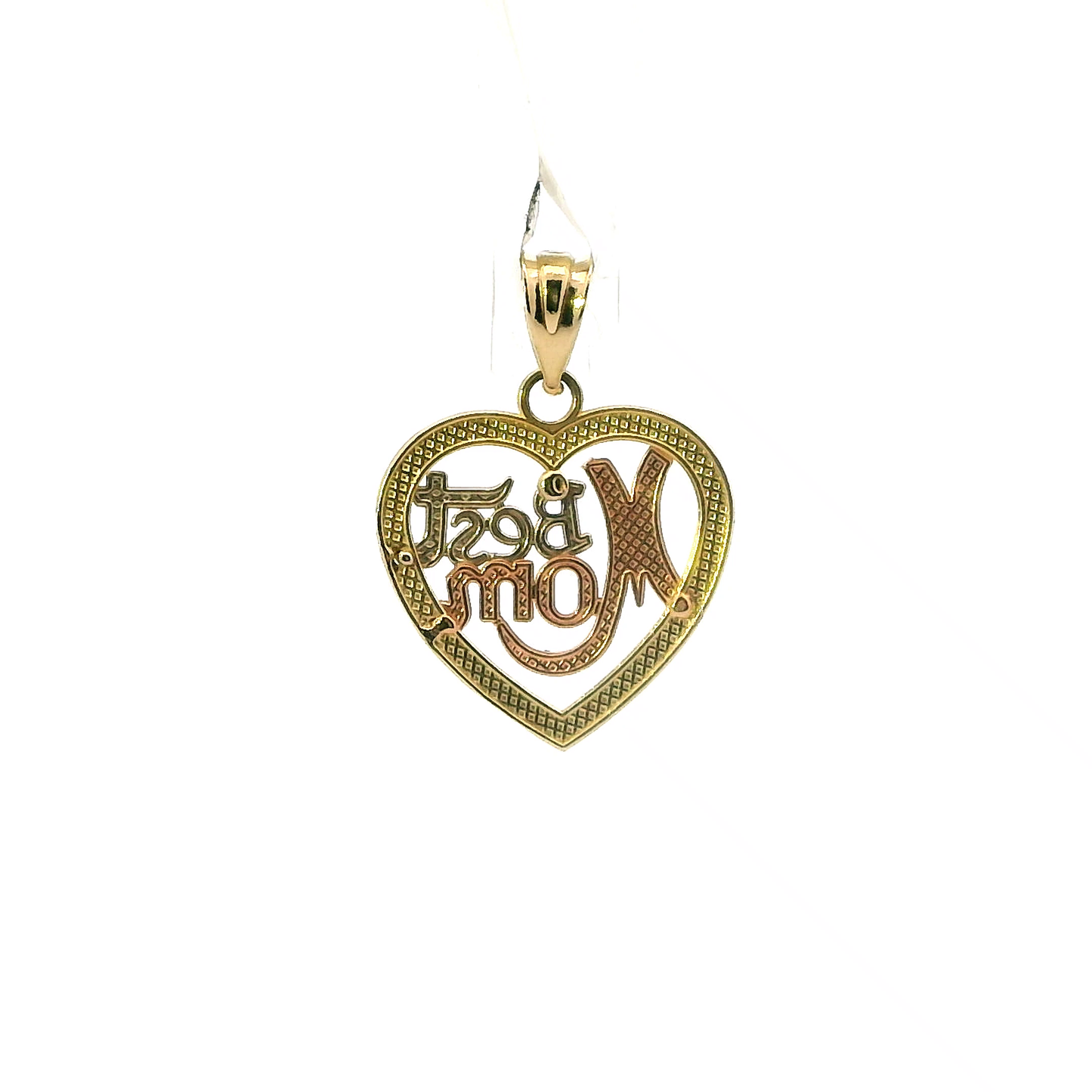14K Tri Color Gold "Best Mom" Heart Pendant