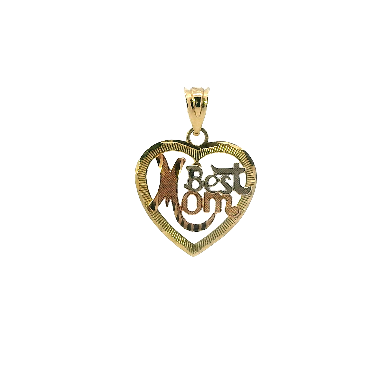 14K Tri Color Gold "Best Mom" Heart Pendant