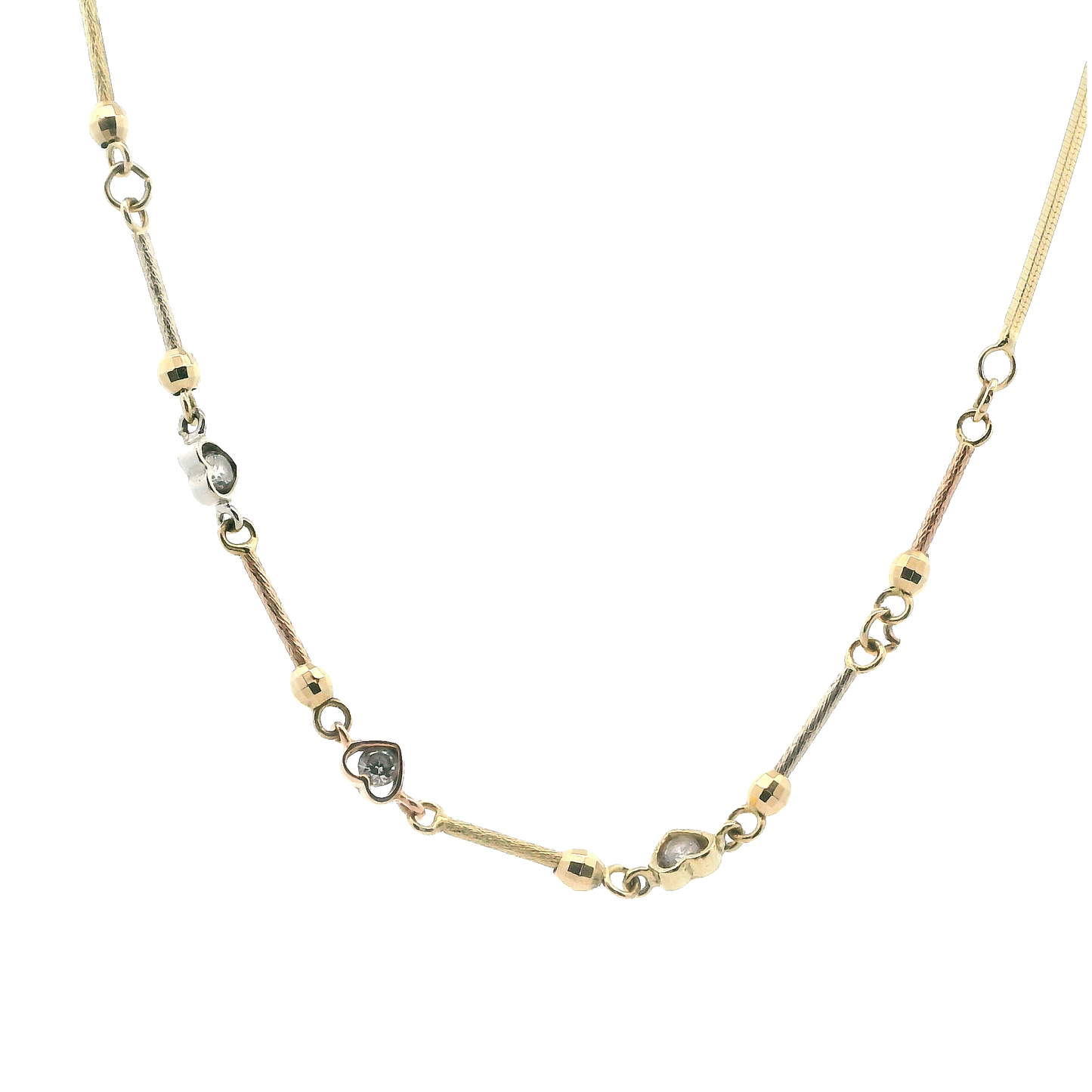 14K Tri Color Gold Hearts & Beads & Bars Designs Necklace