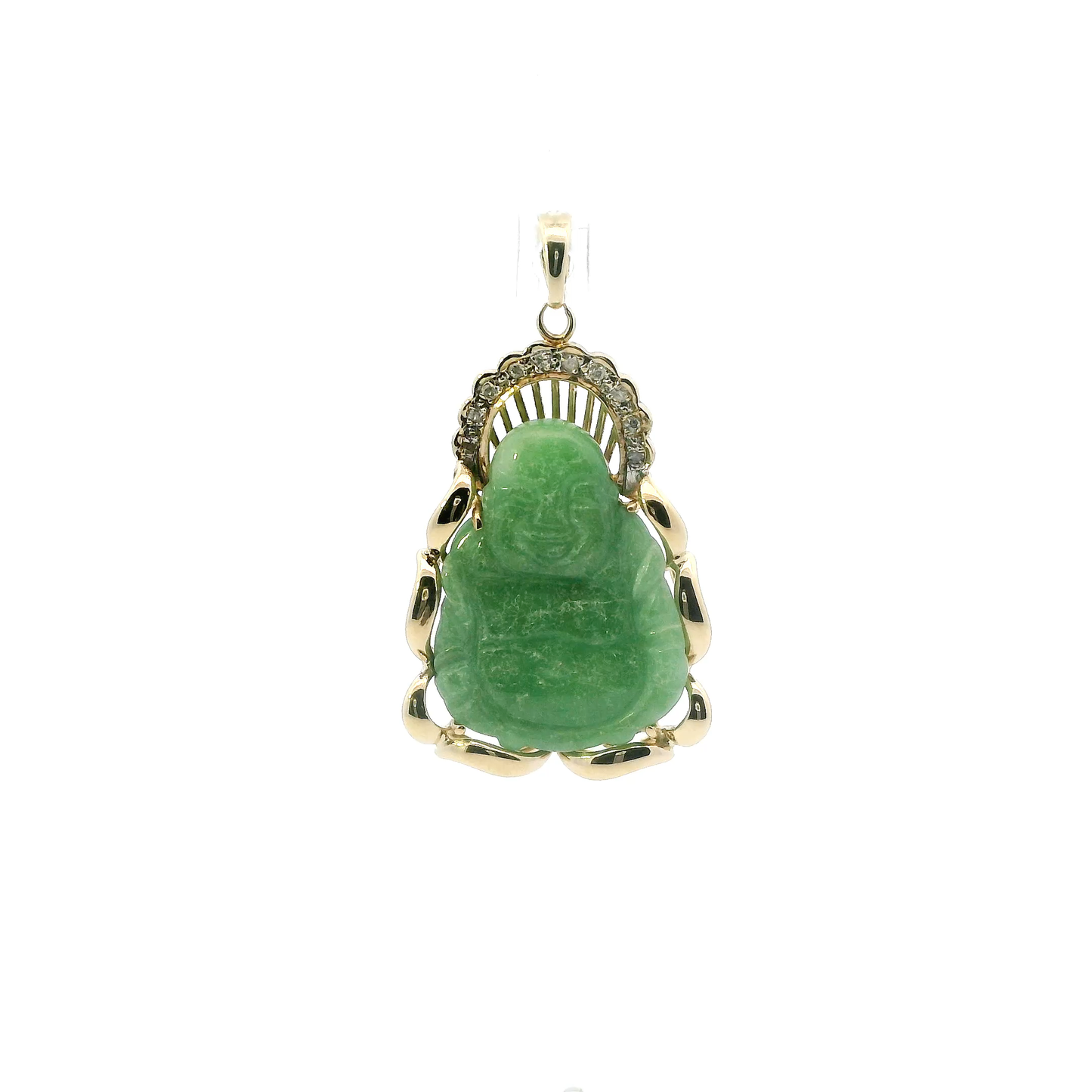 14K Yellow Gold Green Jade Buddha & Diamond Pendant - 0.09ct