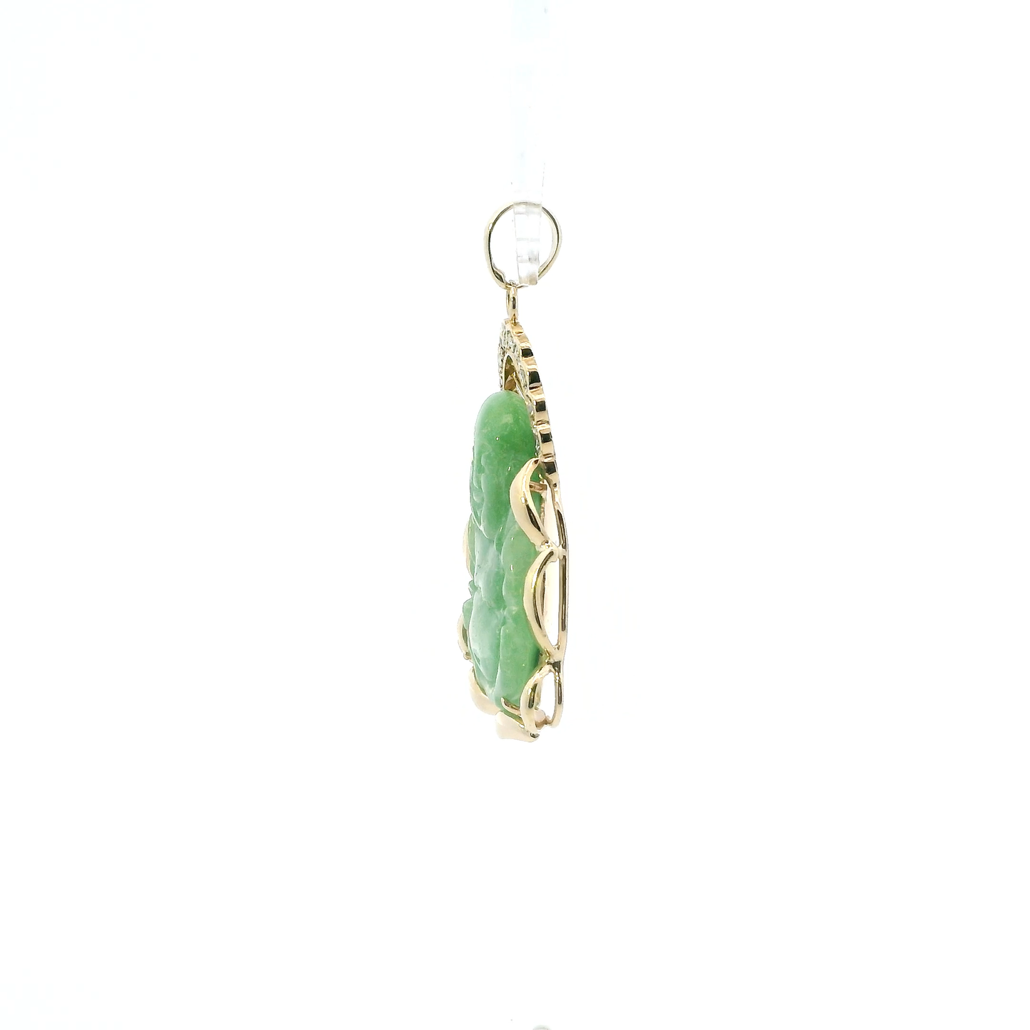 14K Yellow Gold Green Jade Buddha & Diamond Pendant - 0.09ct
