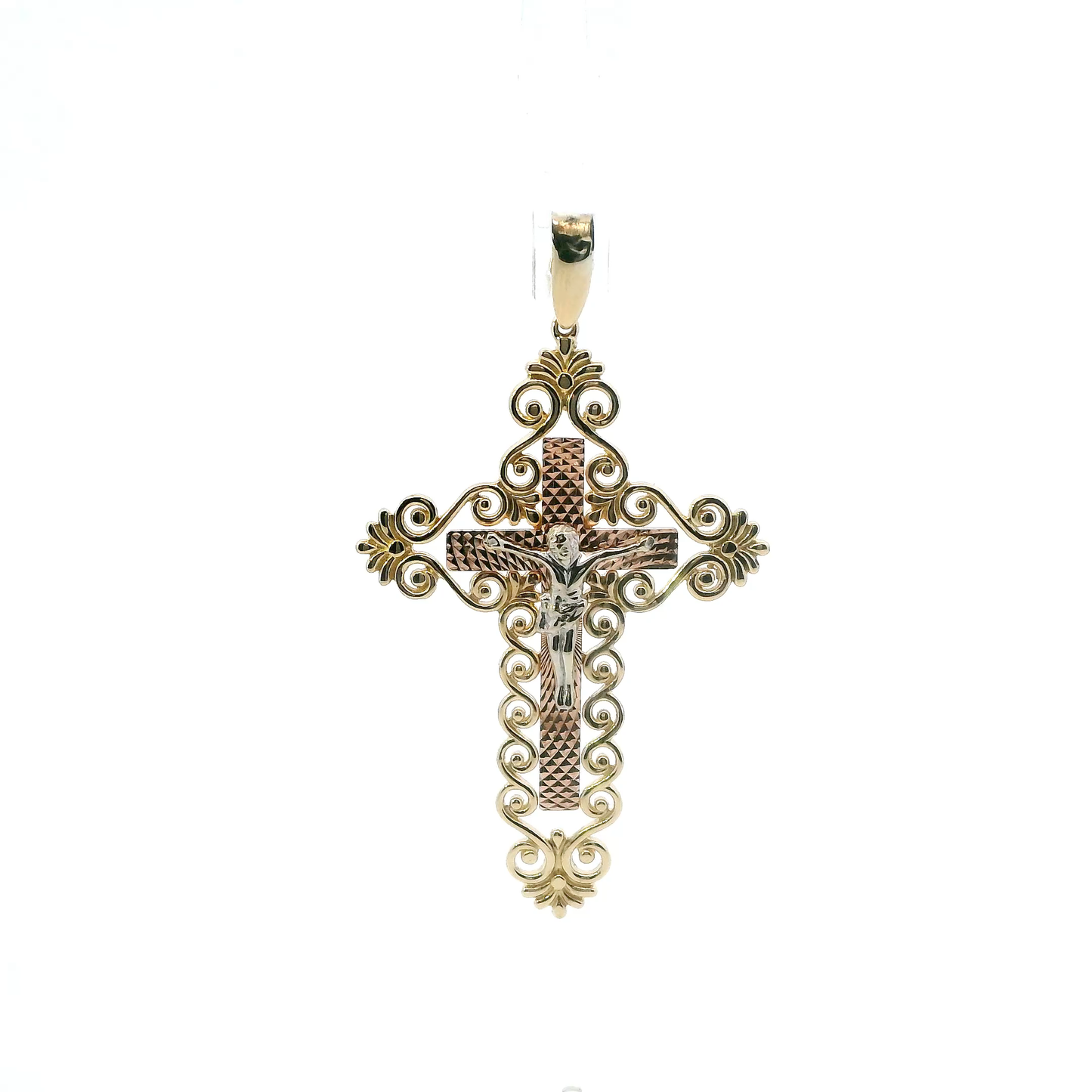 14K Tri Color Gold Filigree Crucifix Pendant