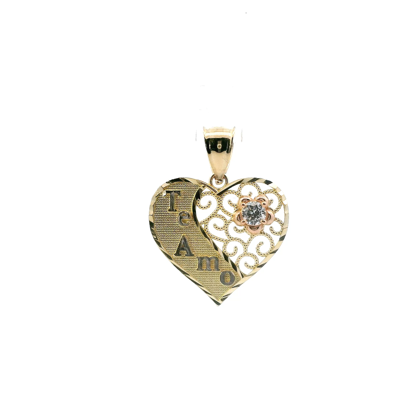 14K Yellow & Rose Gold " Te Amo" Filigree Heart Pendant
