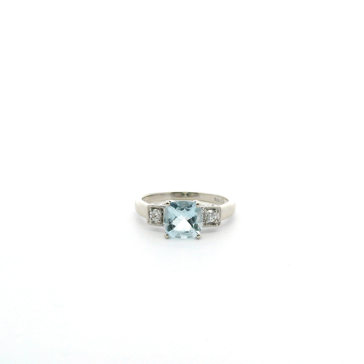 14K Whit Gold Aquamarine & Diamond Womens Ring - 0.12ct