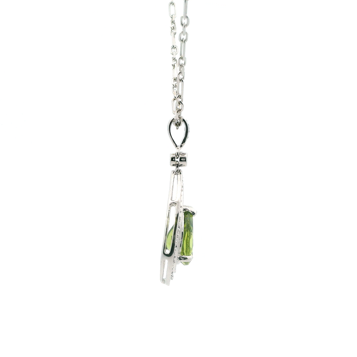 14K White Gold Peridot Pendant & 20" Paperclip Chain