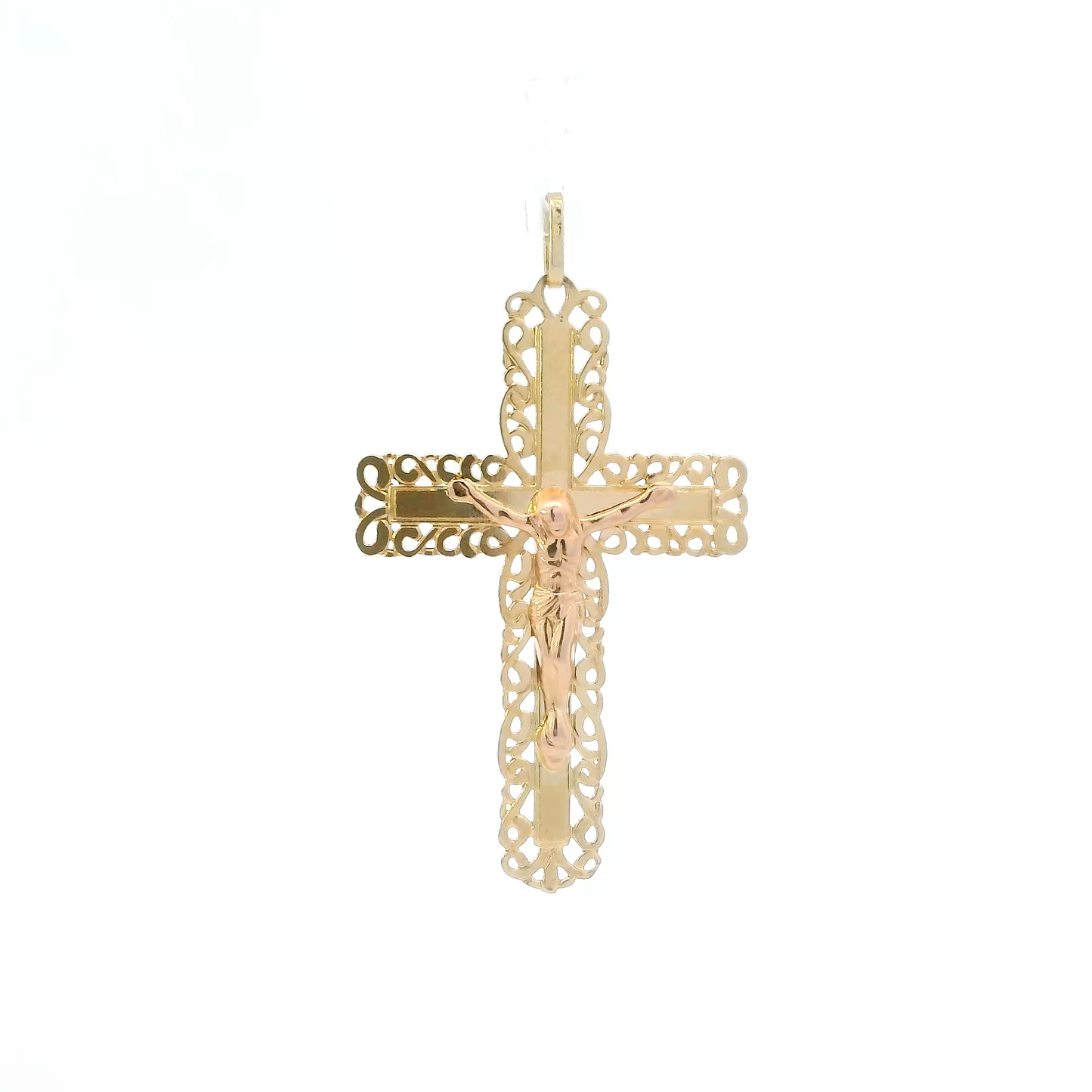 14K Yellow & Rose Gold Filigree Crucifix Pendant