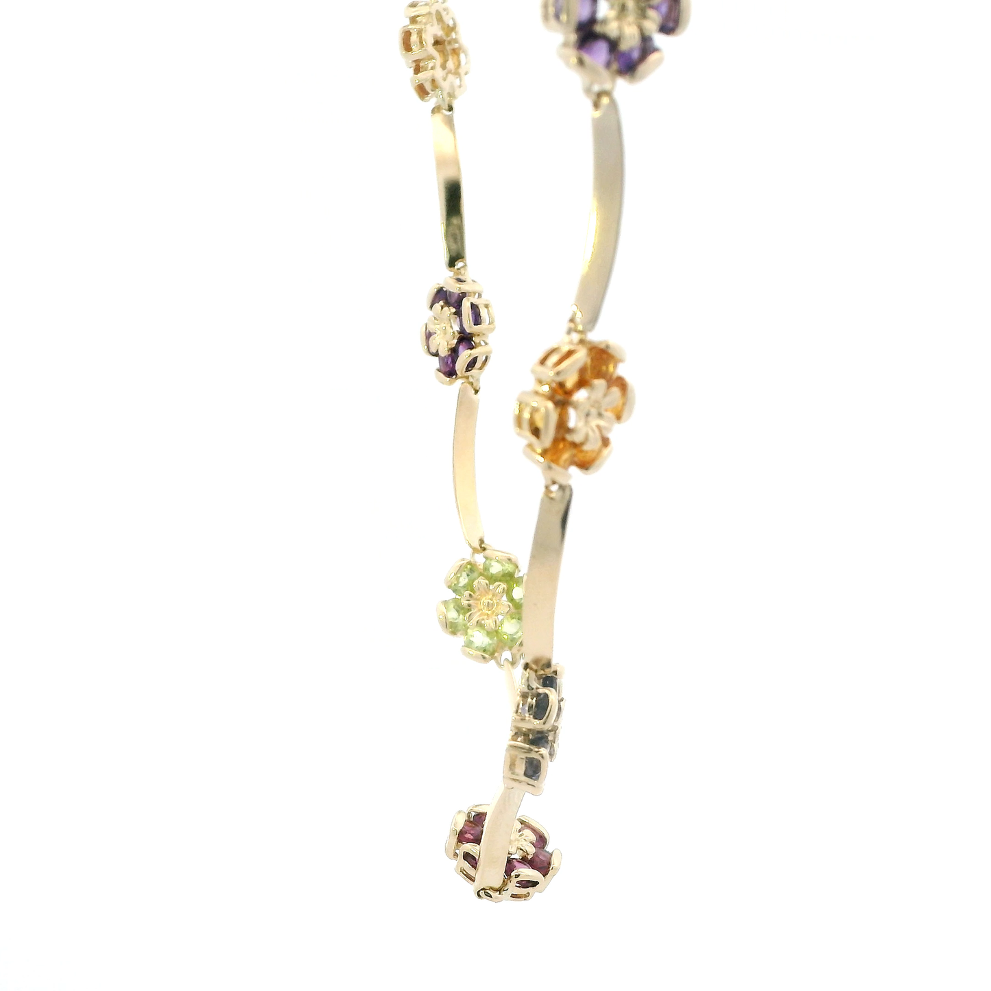 14K Yellow Gold Colorful Topaz Flowers & Curved Black Bar Link Necklace