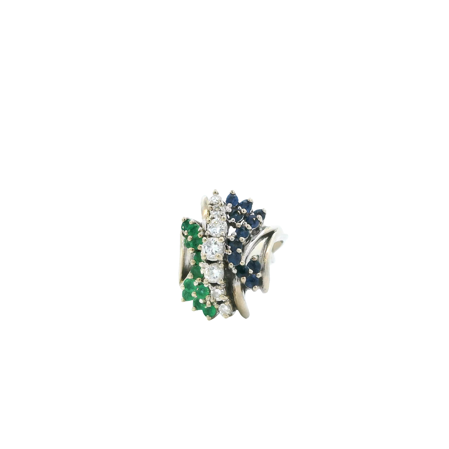 14K White Gold Diamond, Sapphire & Emerald Women's Ring -0.43ct