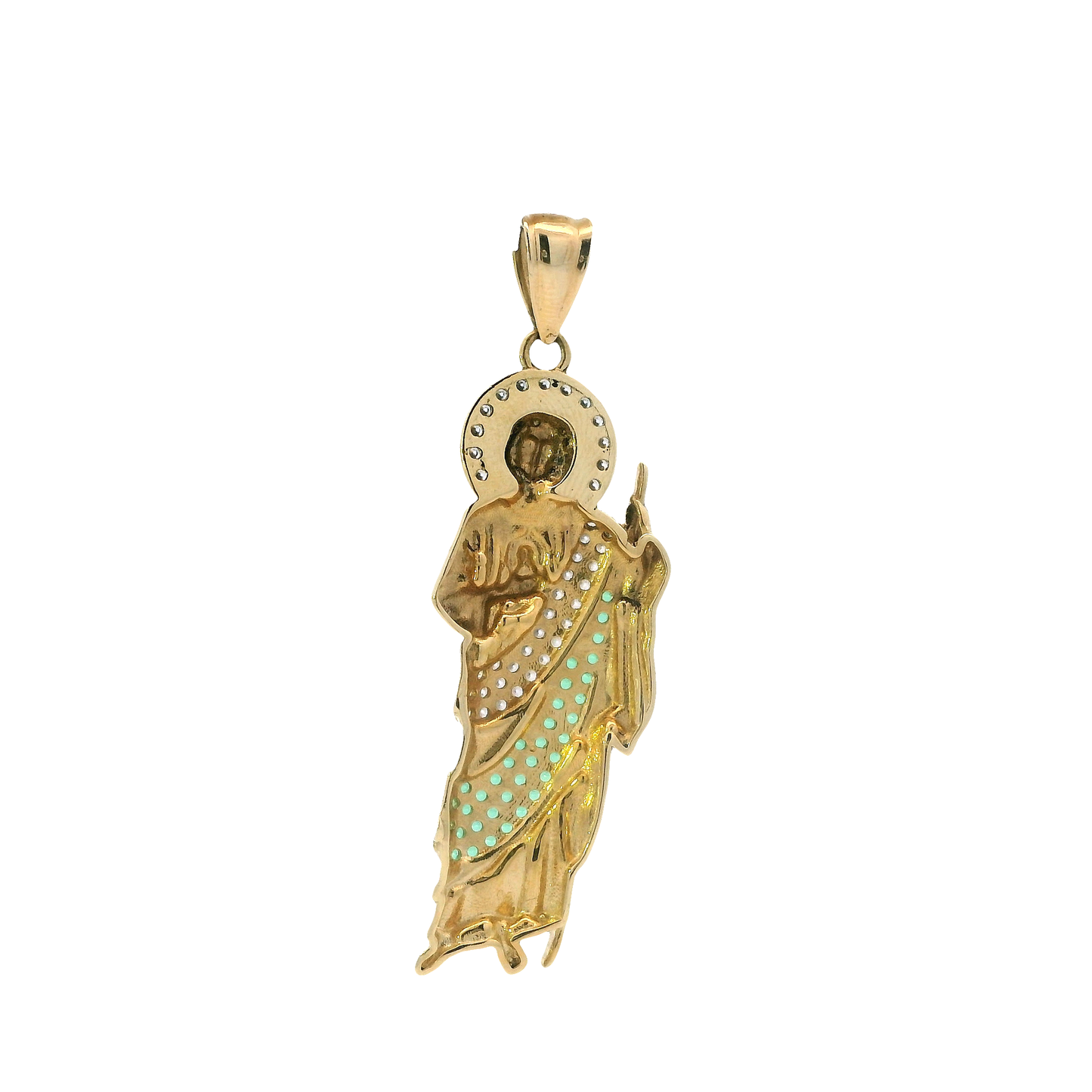 14K Yellow Gold Green & White CZ Saint Jude Religious Pendant