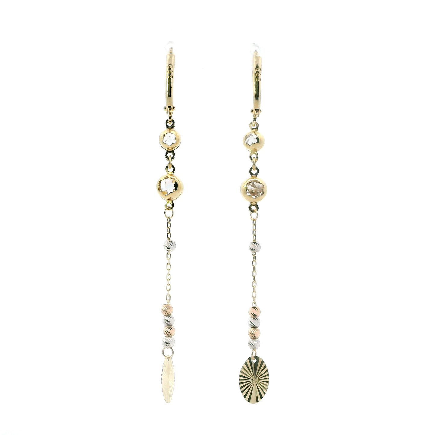 14K Tri Color Beaded Dangle Earrings
