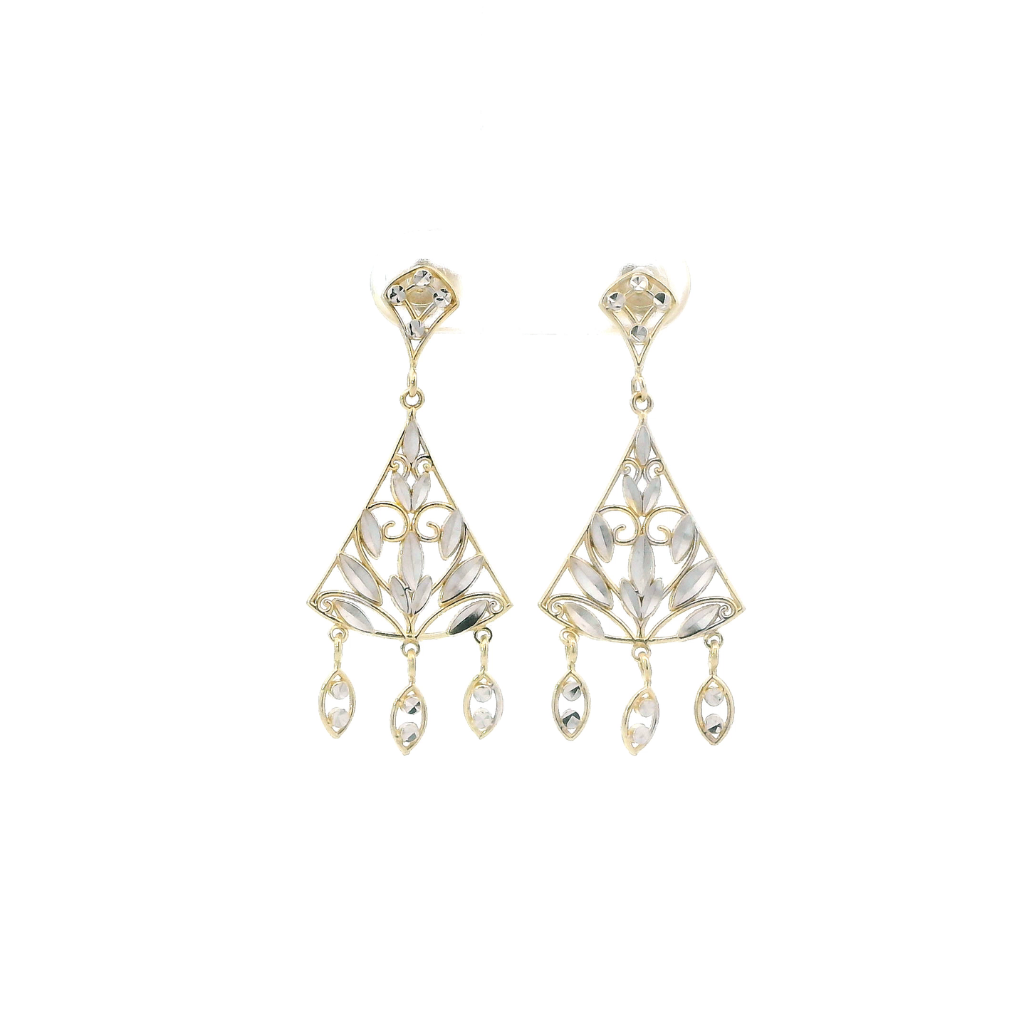 14K Yellow & White Gold Filigree Triangle Dangle Earrings