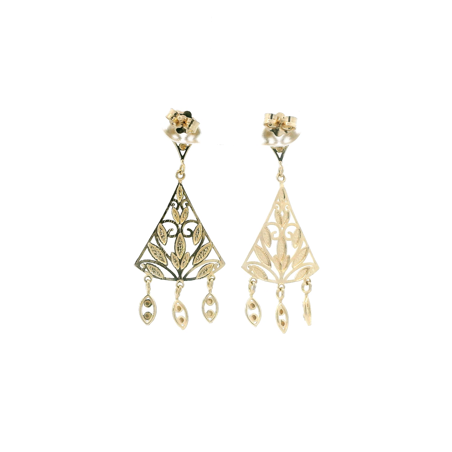 14K Yellow & White Gold Filigree Triangle Dangle Earrings