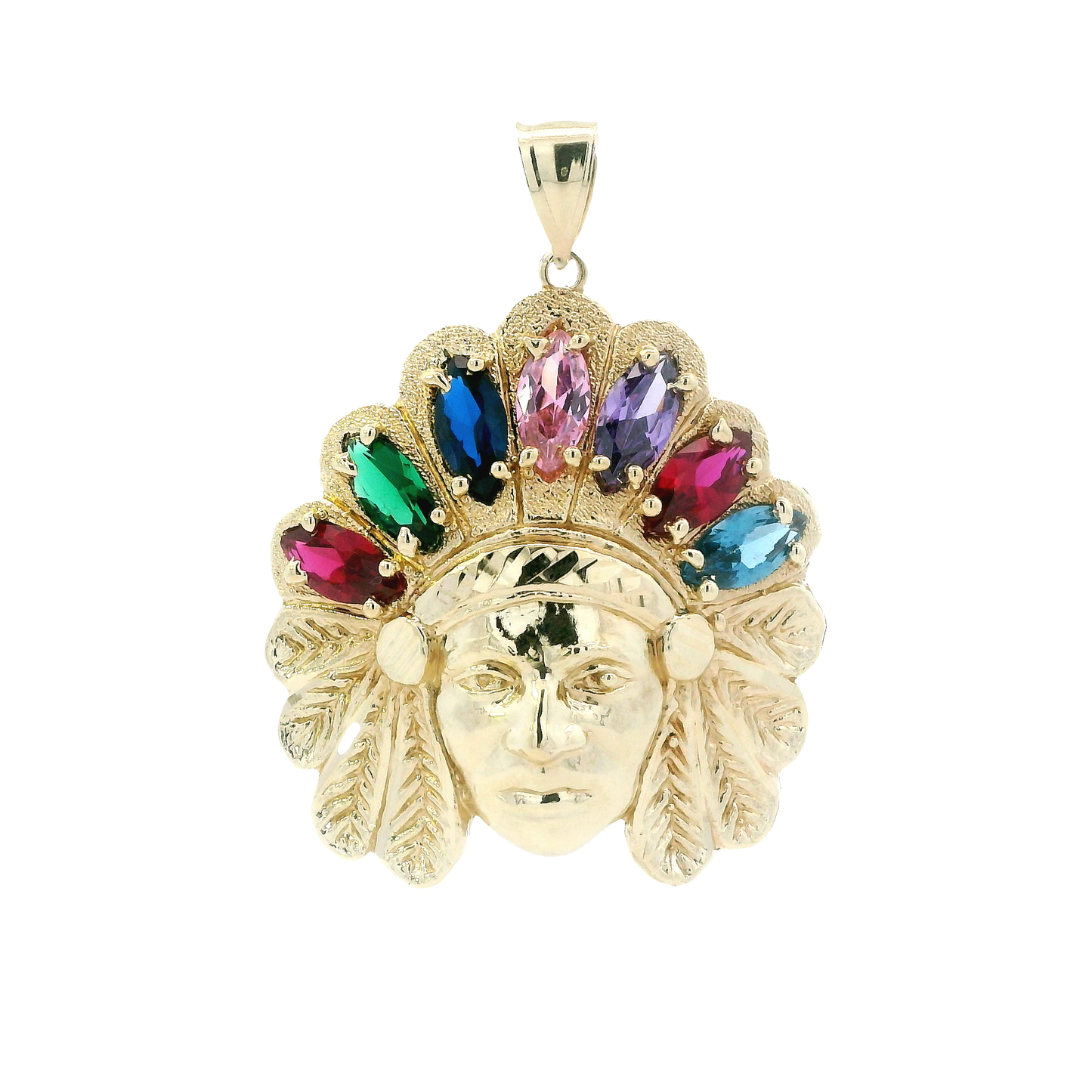 10K Yellow Gold Muti Color Stone Native American Head Pendant