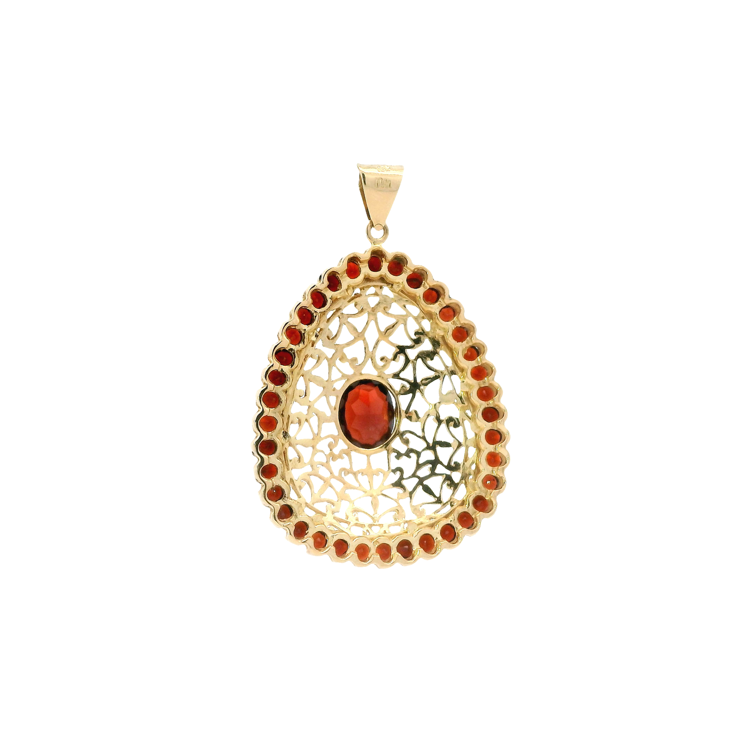 18K Yellow Gold Garnet Filigree Pear Pendant