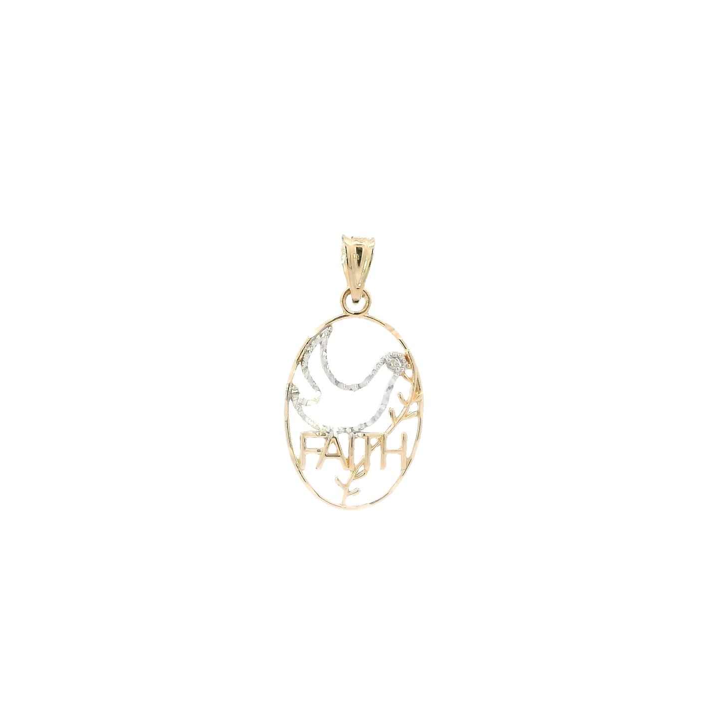 14K Yellow & White Gold Oval "Faith" & Dove Pendant