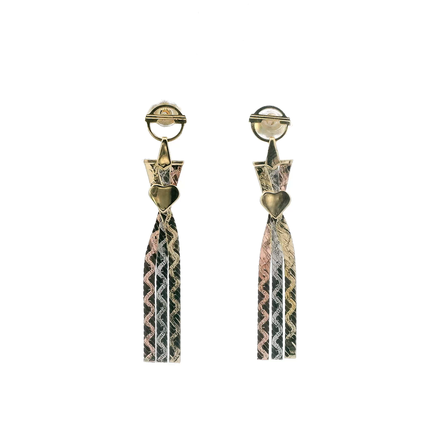 14K Tri Color Gold Triple Strand Herringbone Heart Dangle Earrings