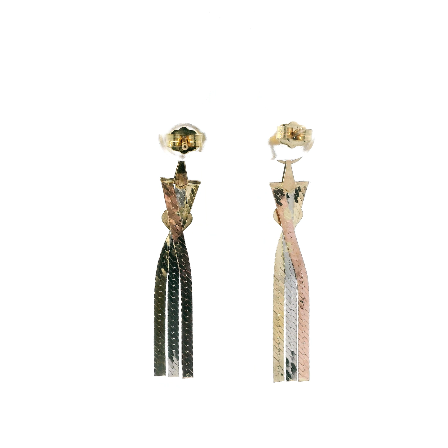 14K Tri Color Gold Triple Strand Herringbone Heart Dangle Earrings