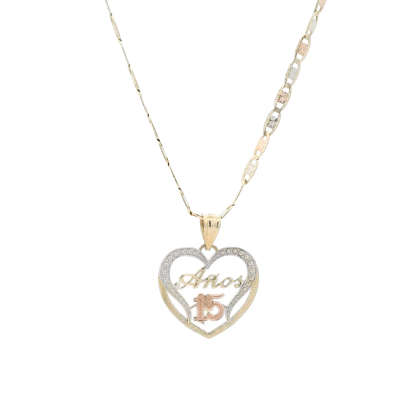14K Tri Color "15 Años" Heart Pendant & Mariner Chain Set