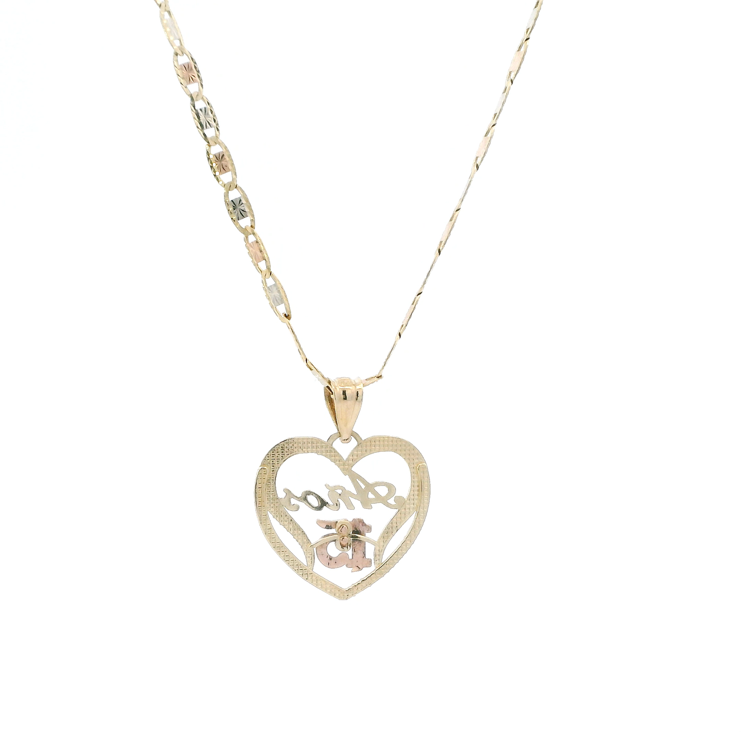 14K Tri Color "15 Años" Heart Pendant & Mariner Chain Set