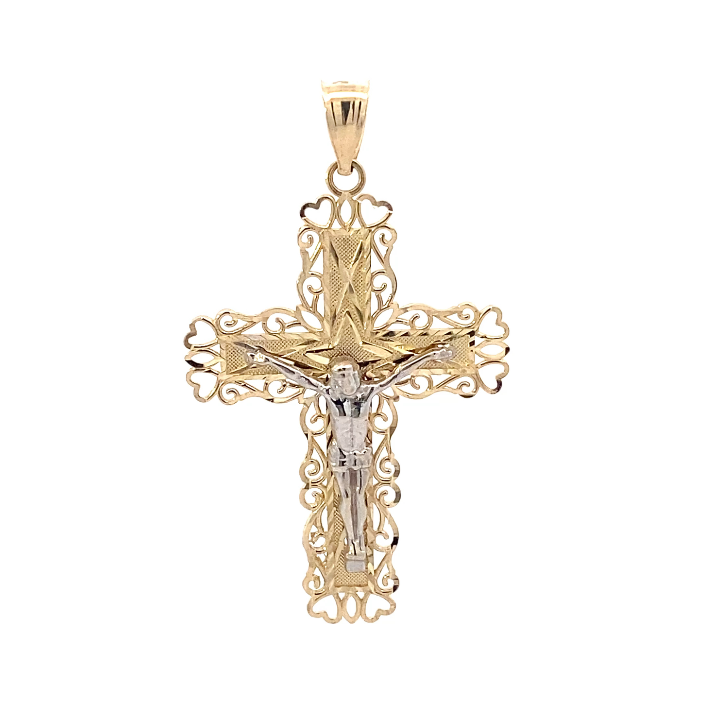 14K Yellow & White Gold Filigree Crucifix Pendant
