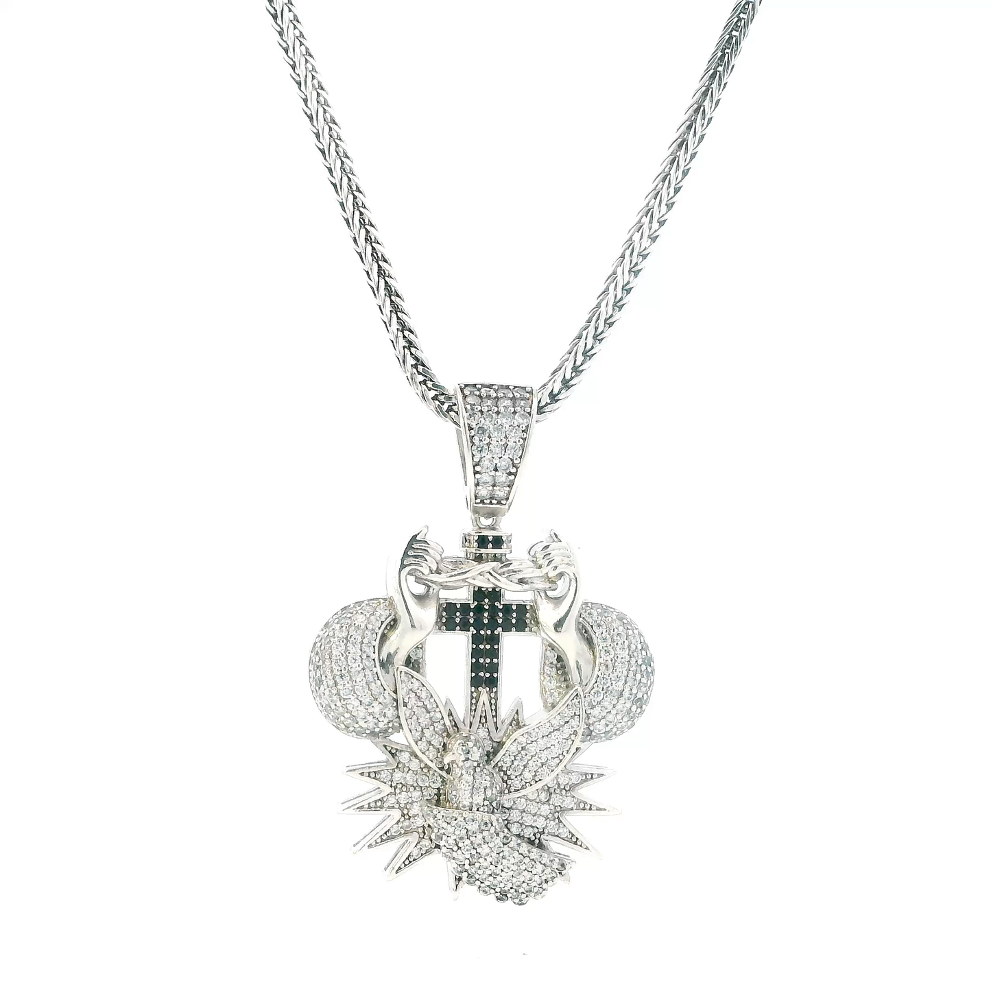 Silver 21" Wheat Chain & Cz Praying Hands Holding Cross Pendant