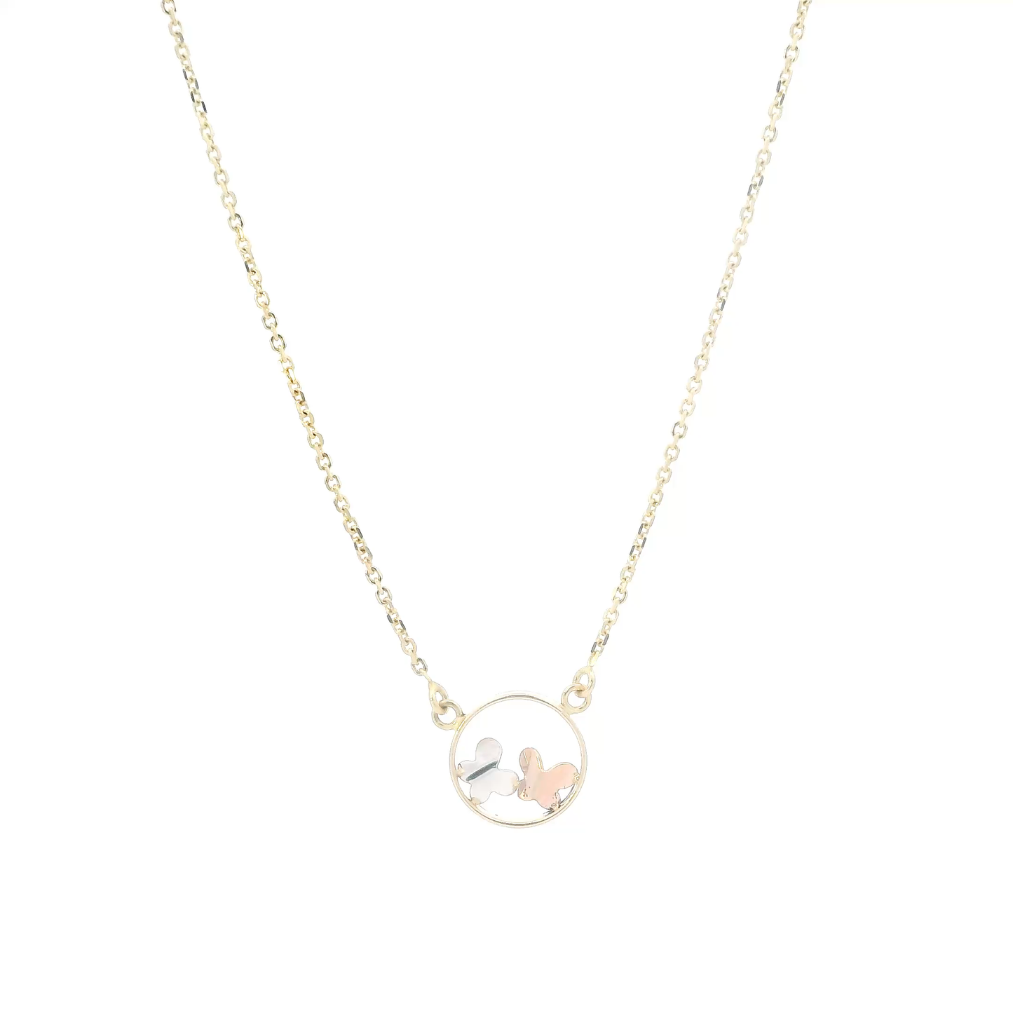 14K Tri Color Gold Double Butterfly Pendant & 18" Cable Chain