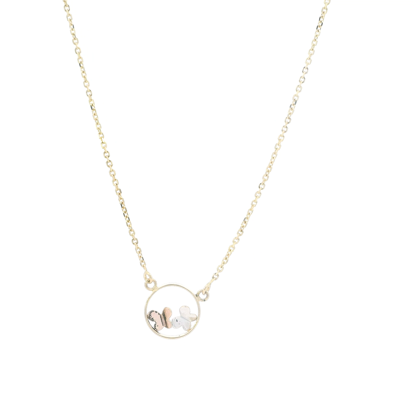 14K Tri Color Gold Double Butterfly Pendant & 18" Cable Chain