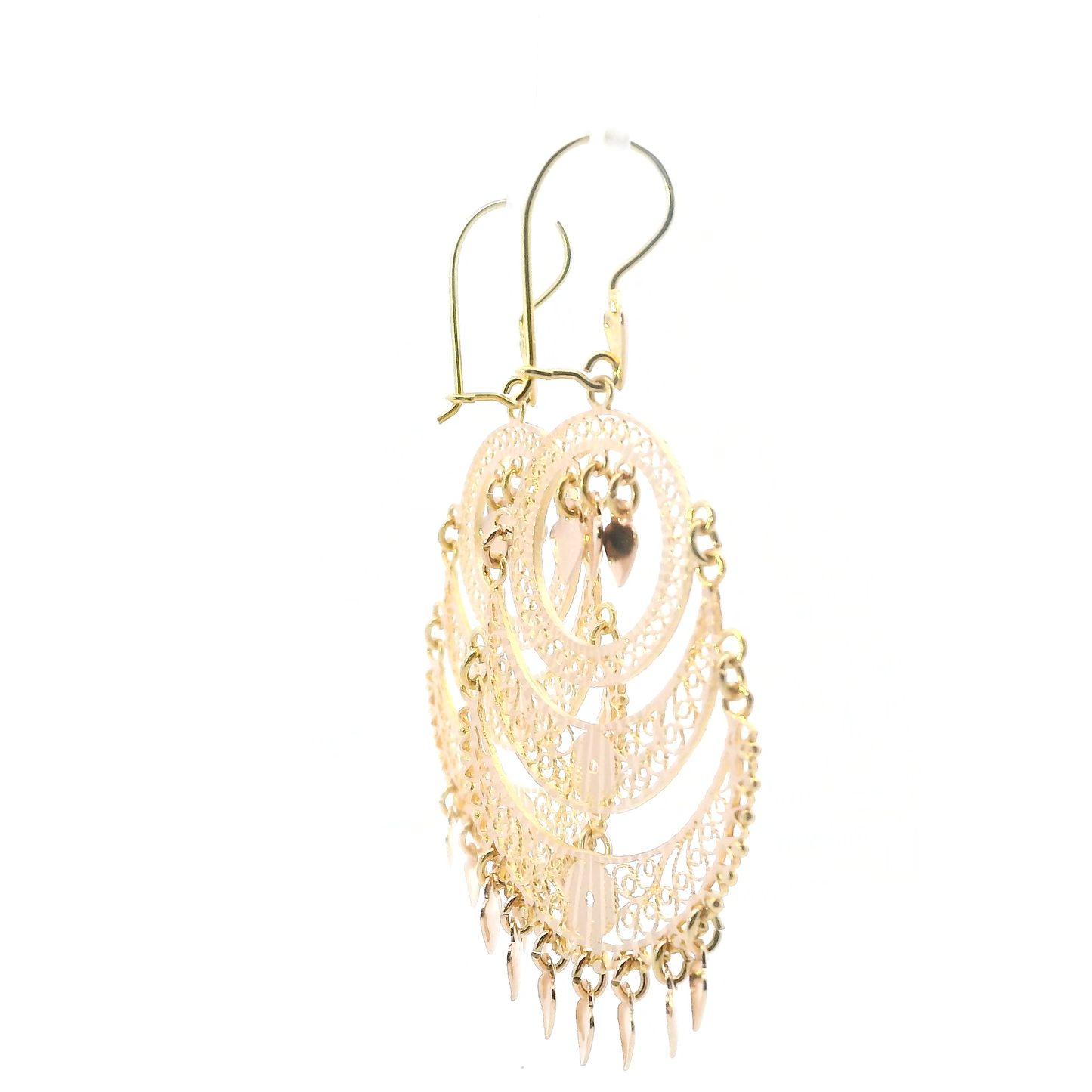 14K Yellow Gold Filigree Chandelier Dangle Hearts Earrings