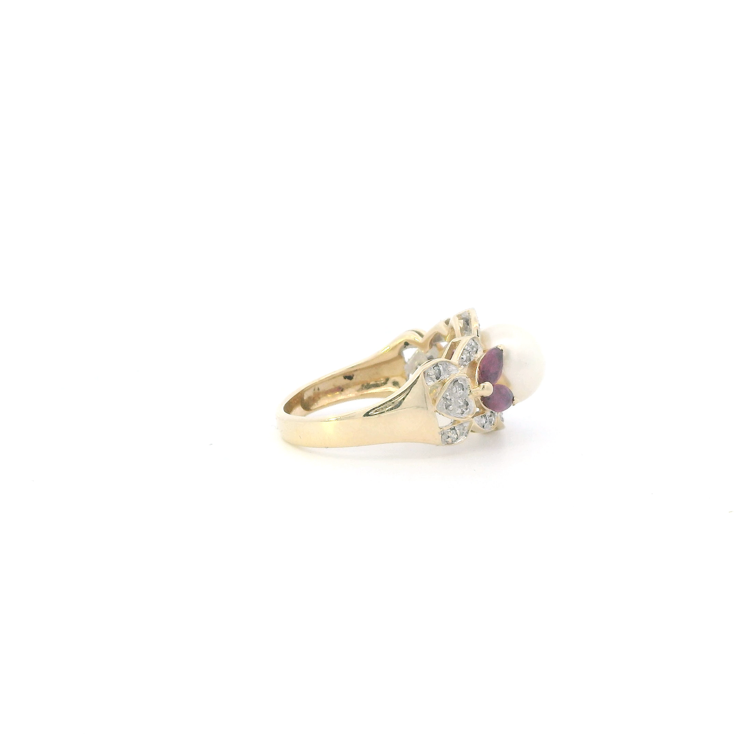 14K Yellow Gold Pearl & Rubies Womans Ring