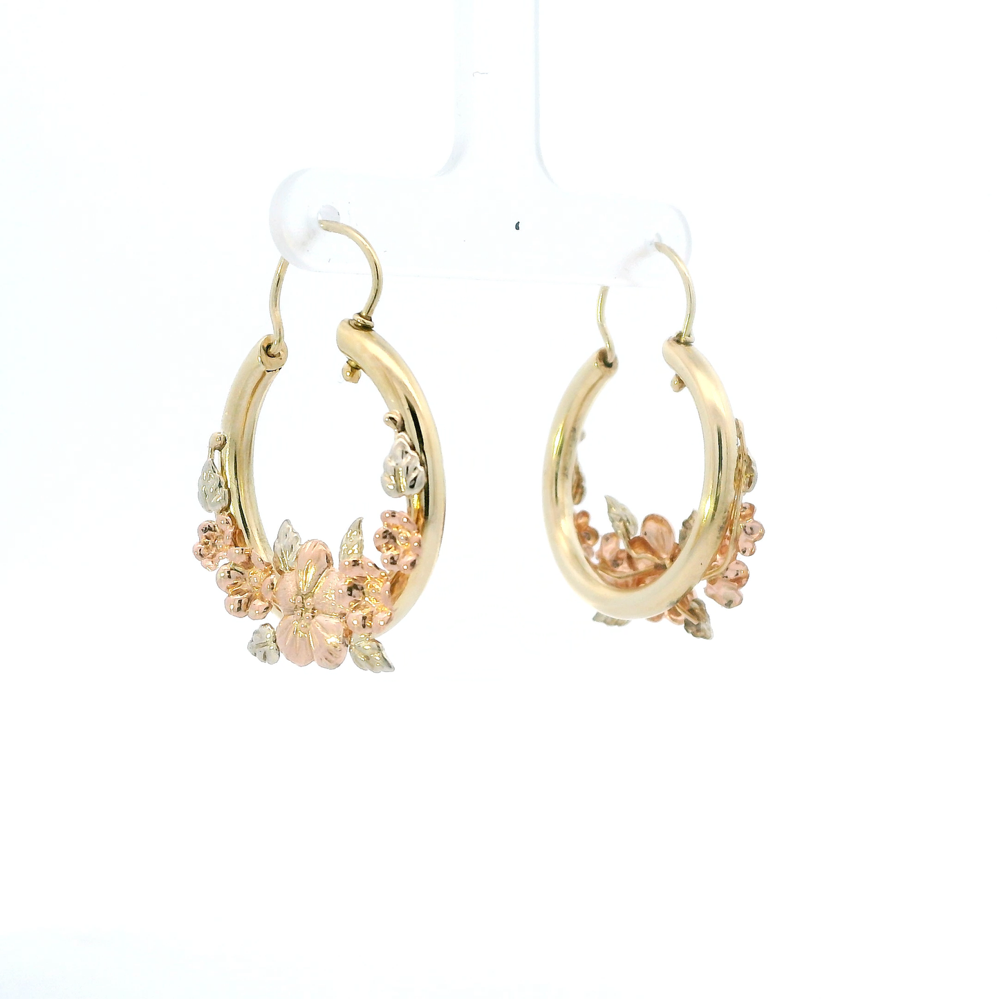10K Tri Color Gold Floral Hoop Earrings