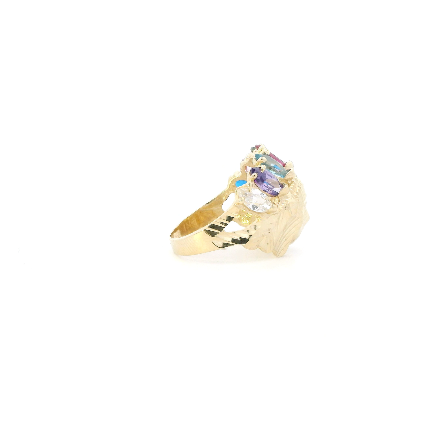 10K Yellow Gold Multi Color CZ Native American Head Ring