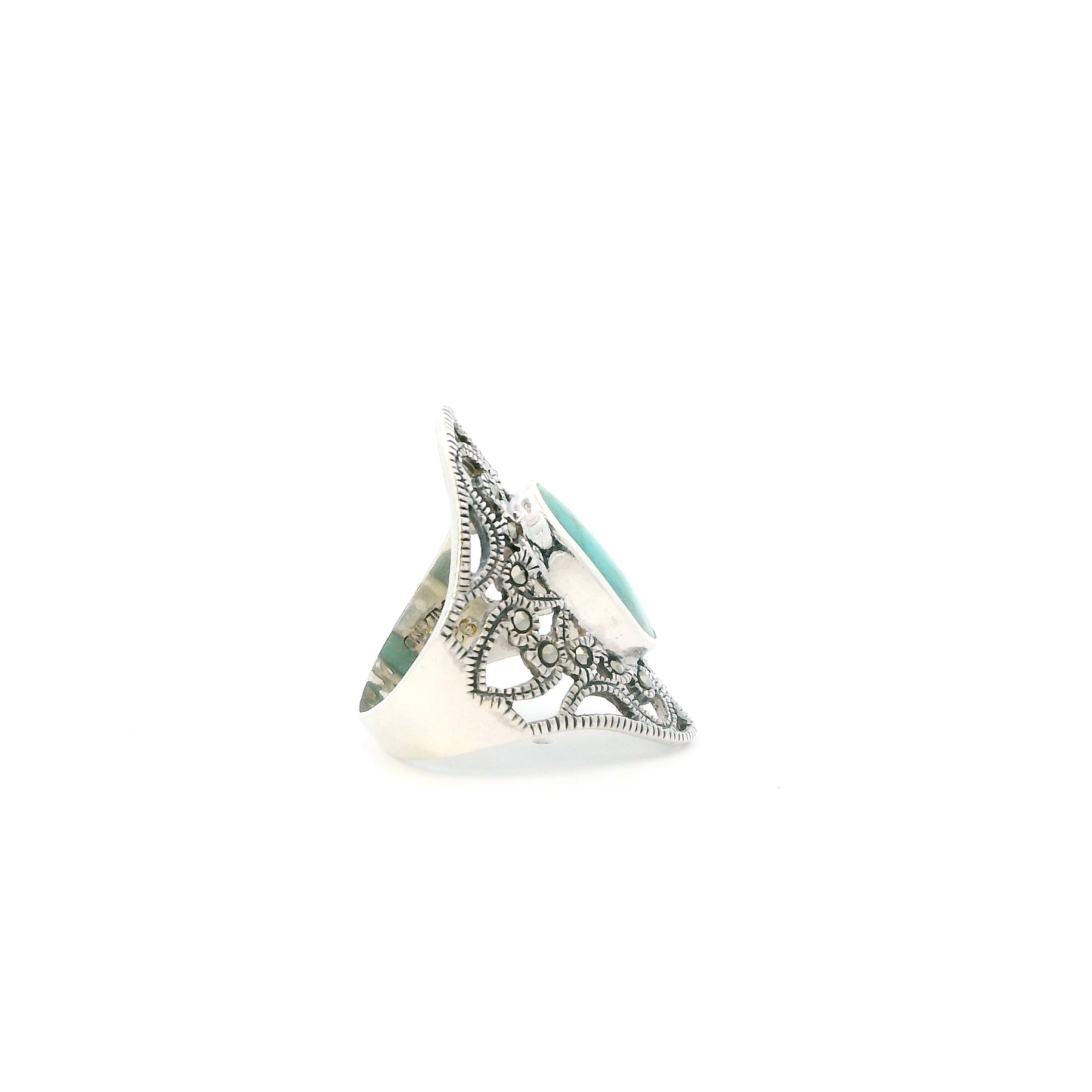 Silver Oval Turquoise Marcasite Womens Ring