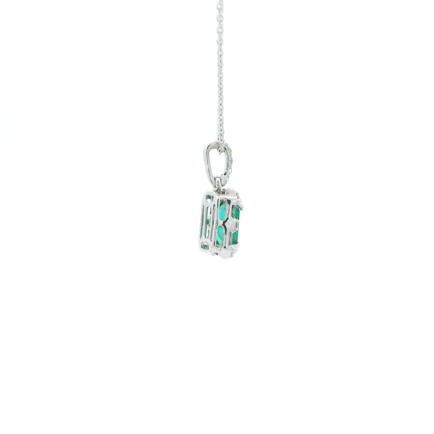 14K White Gold 16-18" Cable Chain & Diamond & Emerald Pendant - 0.12ct