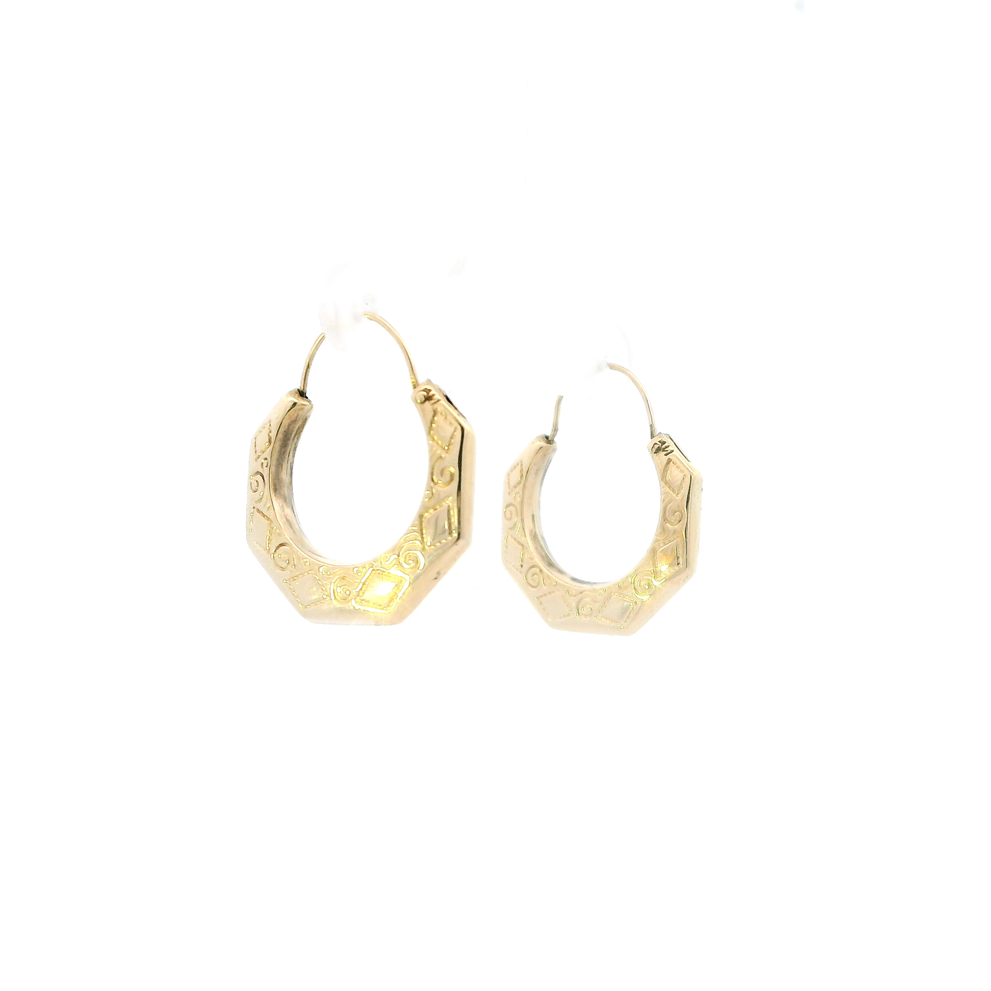 14K Yellow Gold Octagonal Design Hoop Earrings