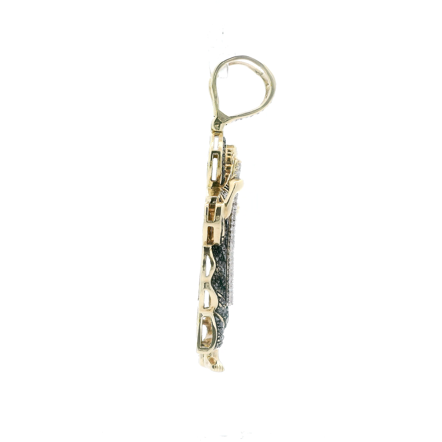 10K Yellow Gold White & Black Pave Diamond Religious Figure Pendant - 1.05ct