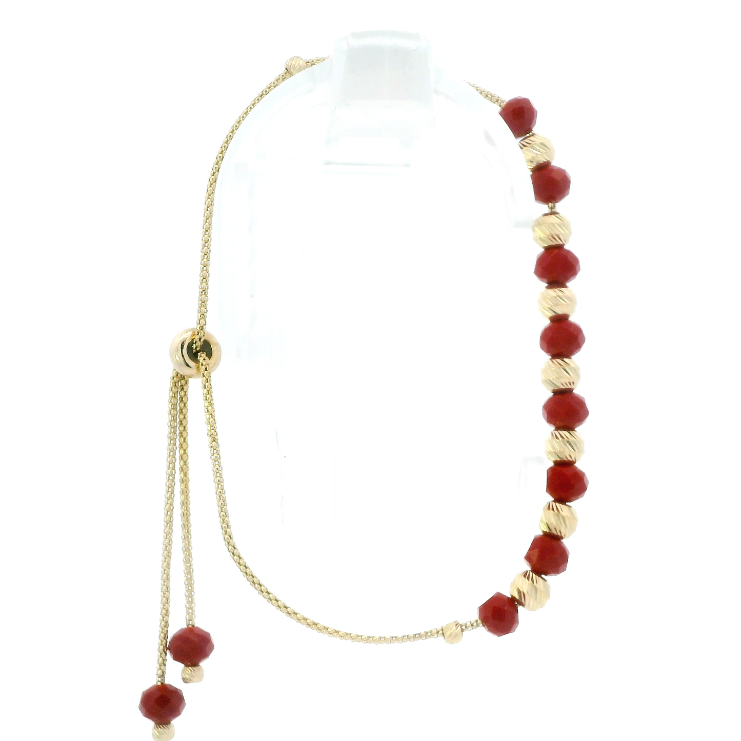 14K Yellow Gold Red Bead & Diamond Cut Bead Bracelet