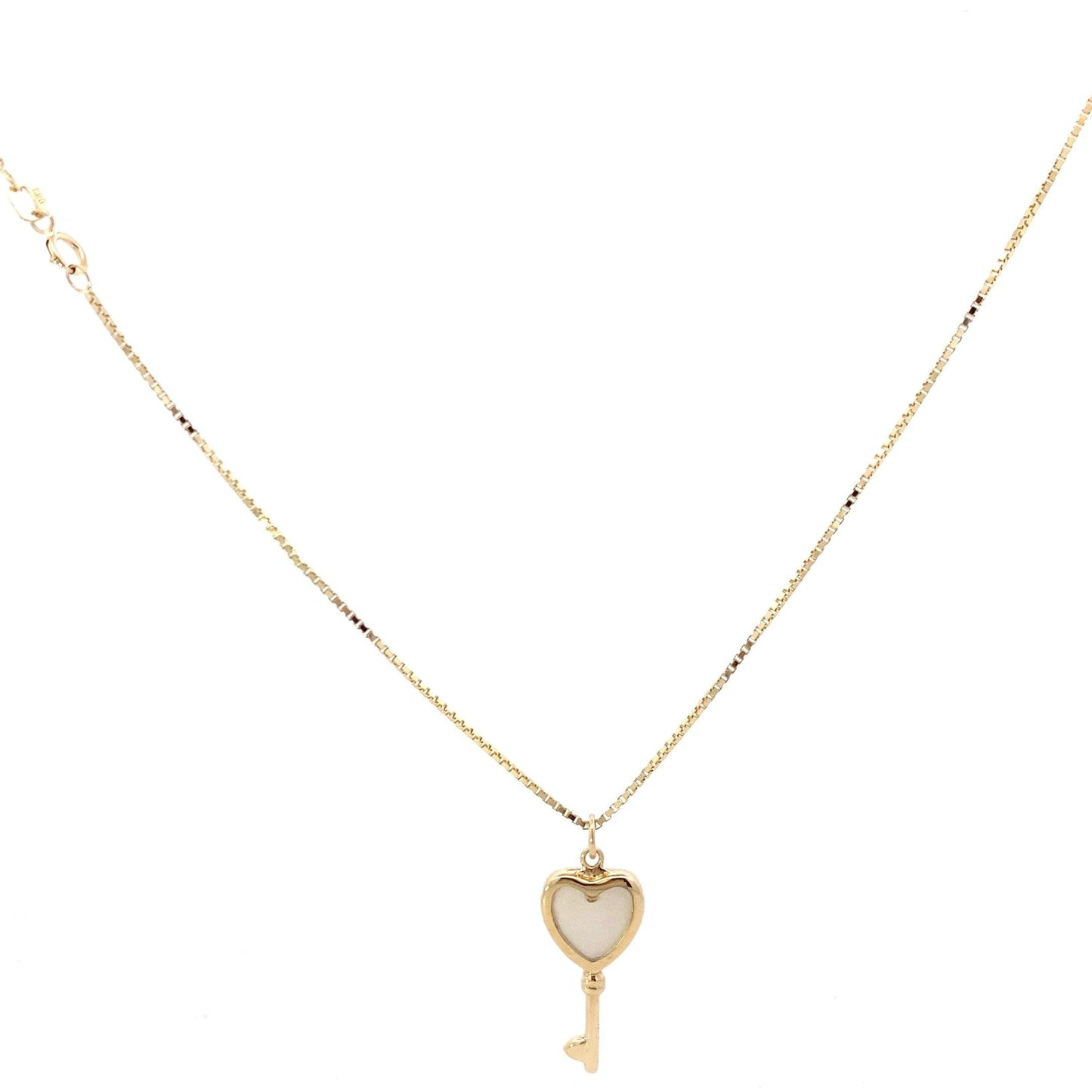 14K Yellow Gold Mother of Pearl Heart Key Necklace