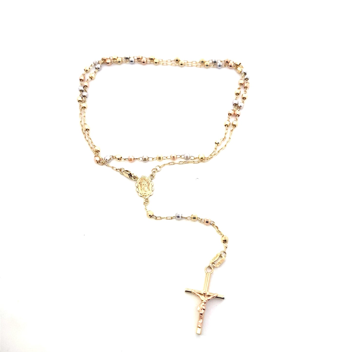 14K Tri Color Gold Rosary Necklace