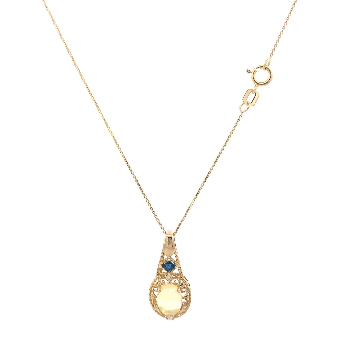 10K Yellow Gold Opal Sapphire And Diamond Pendant And Cable Chain - 0.02ct
