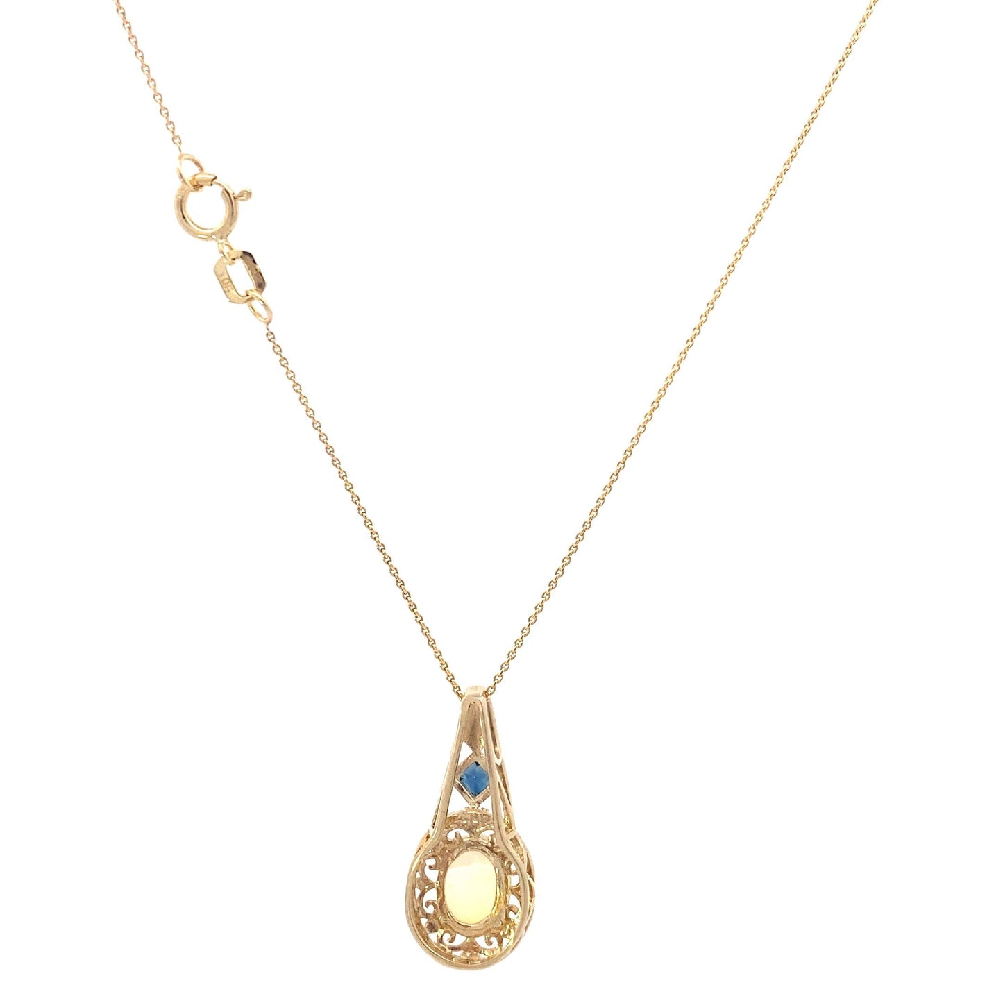 10K Yellow Gold Opal Sapphire And Diamond Pendant And Cable Chain - 0.02ct